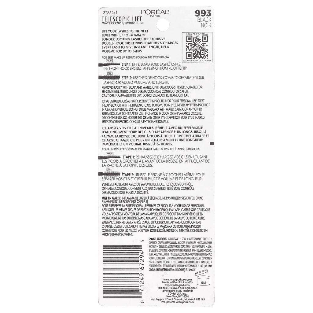 L'Oréal, Telescopic Lift, Водостойкая тушь для ресниц, 993 Черный, 10 мл(0.33 жидких унции)