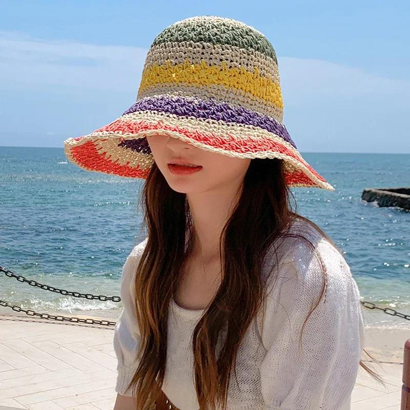 Rainbow Straw Hat For Women: Summer Sun Visor, Handmade Crochet Big Brim Bucket Hat, Boho Fashion Beach Sun Hat