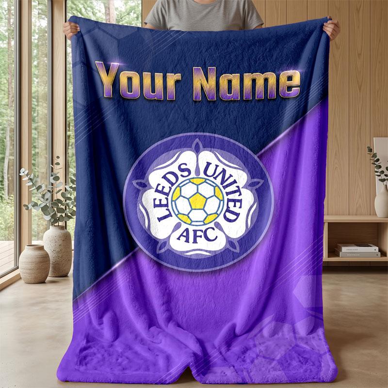 Leeds United Custom Name Text Flannel Blanket Soccer Logo Personalized Fleece Throw Blanket Special Gift For Sofa Bedroom Home