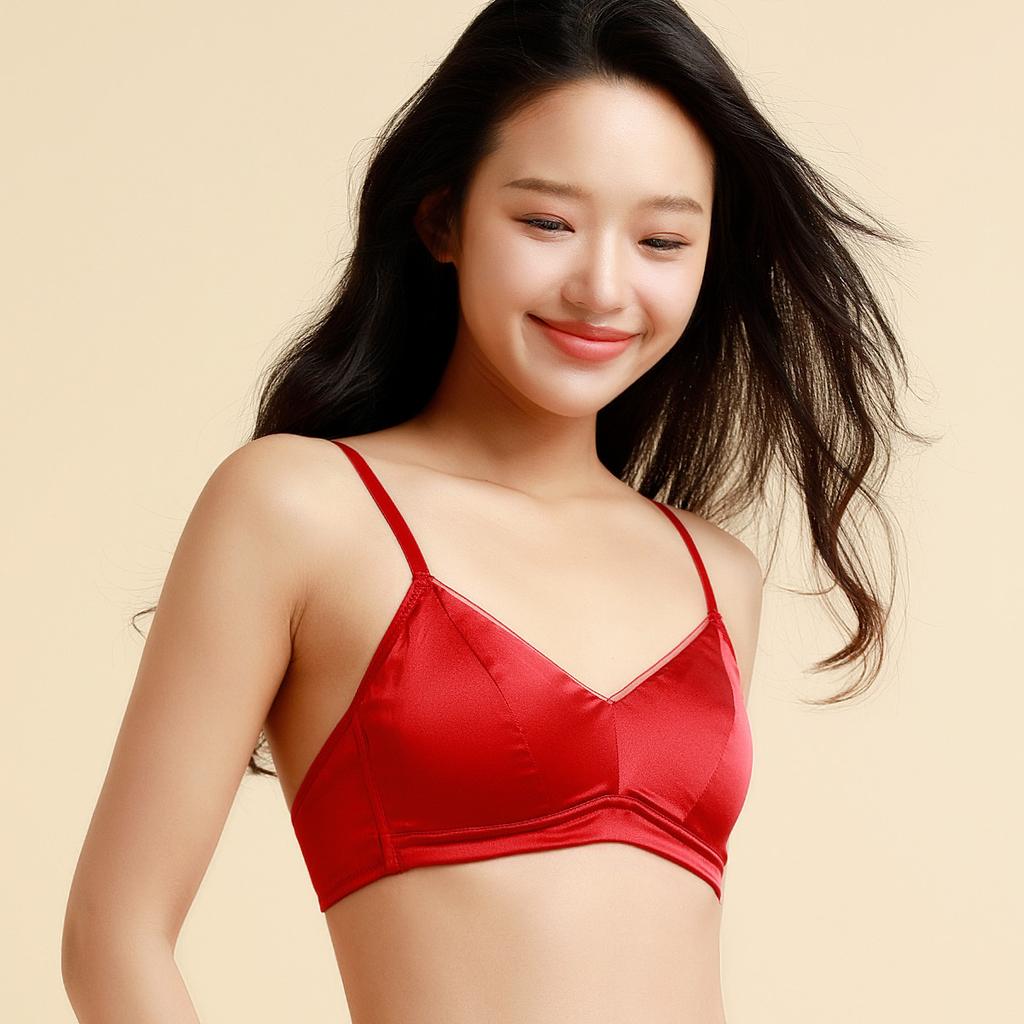 New Chinese Red Underwear Bra Comfortable, Breathable, French Sexy Women's Mulberry Silk Bun Bra for Women