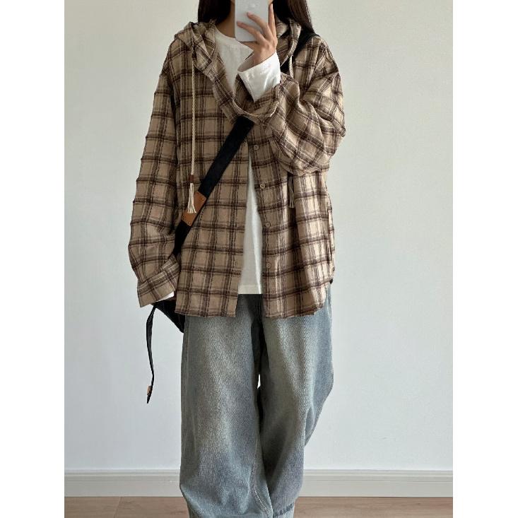Рубашка с капюшоном и длинными рукавами в клетку в японском стиле в стиле Гонконга, свободная рубашка для мальчиков, летнее модное универсальное повседневное пальто