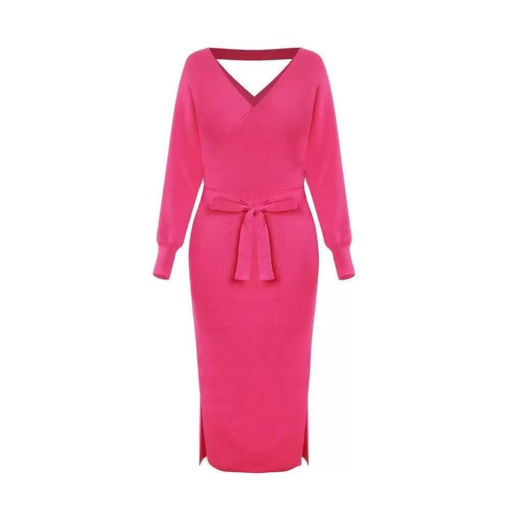 European and American style v-neck knitted dress women's autumn and winter lace-up medium and long slim and thin hip skirt
