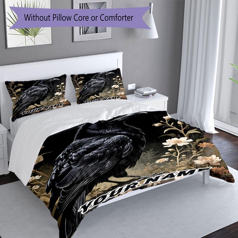 3PC Custom Name Raven Floral Garden Bedding Set Duvet Cover Closure Includes 1 Duvet Cover & 2 Pillowcases for Bedroom