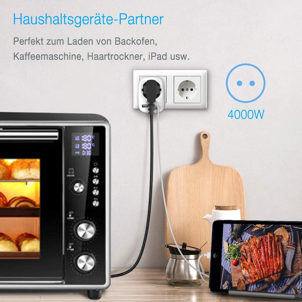 Tessan European Outlets Extender Power Strip with 1/3 AC Outlets, 2 USB Charging Ports and On/Off Switch EU Wall Socket for Home, Office, Travel