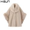 Womens Knitted Poncho Cape With Faux Rabbit Fur Trim Warm Thick Winter Outerwear Solid Color Street Style
