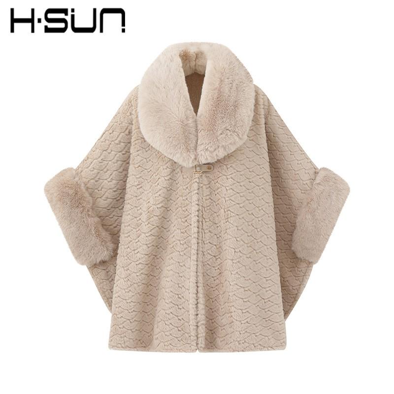 Womens Knitted Poncho Cape With Faux Rabbit Fur Trim Warm Thick Winter Outerwear Solid Color Street Style