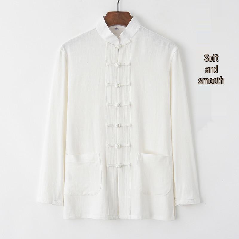 Мужской хлопково-льняной костюм Тан с длинным рукавом: Ретро китайский стиль, свободный крой для среднего и пожилого возраста, идеально подходит для тай-чи.