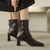 Retro Hand-scratched Square Head Thick Heel Fashion Short Boots Soft Leather High Heel Martin Boots Versatile