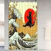 Занавеска для душа с рисунком, Винтажный Черный Кот Красное Солнце Японские Волны Иллюстрация, Boho Набор Занавесок для Душа, С Крючками для Ванной