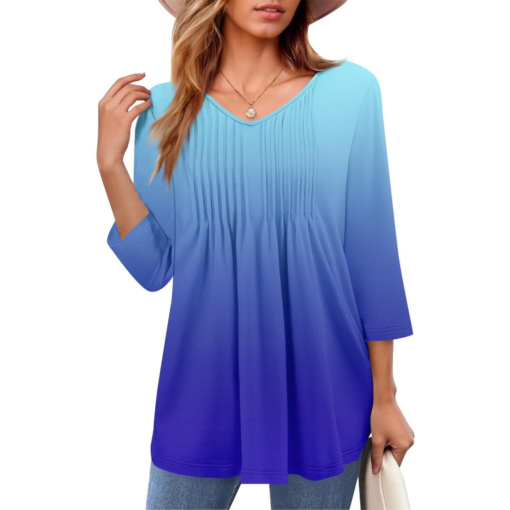 Женские топы с V-образным вырезом и рукавом три четверти в полоску, плиссированные, повседневные, летние, модные, рубашки