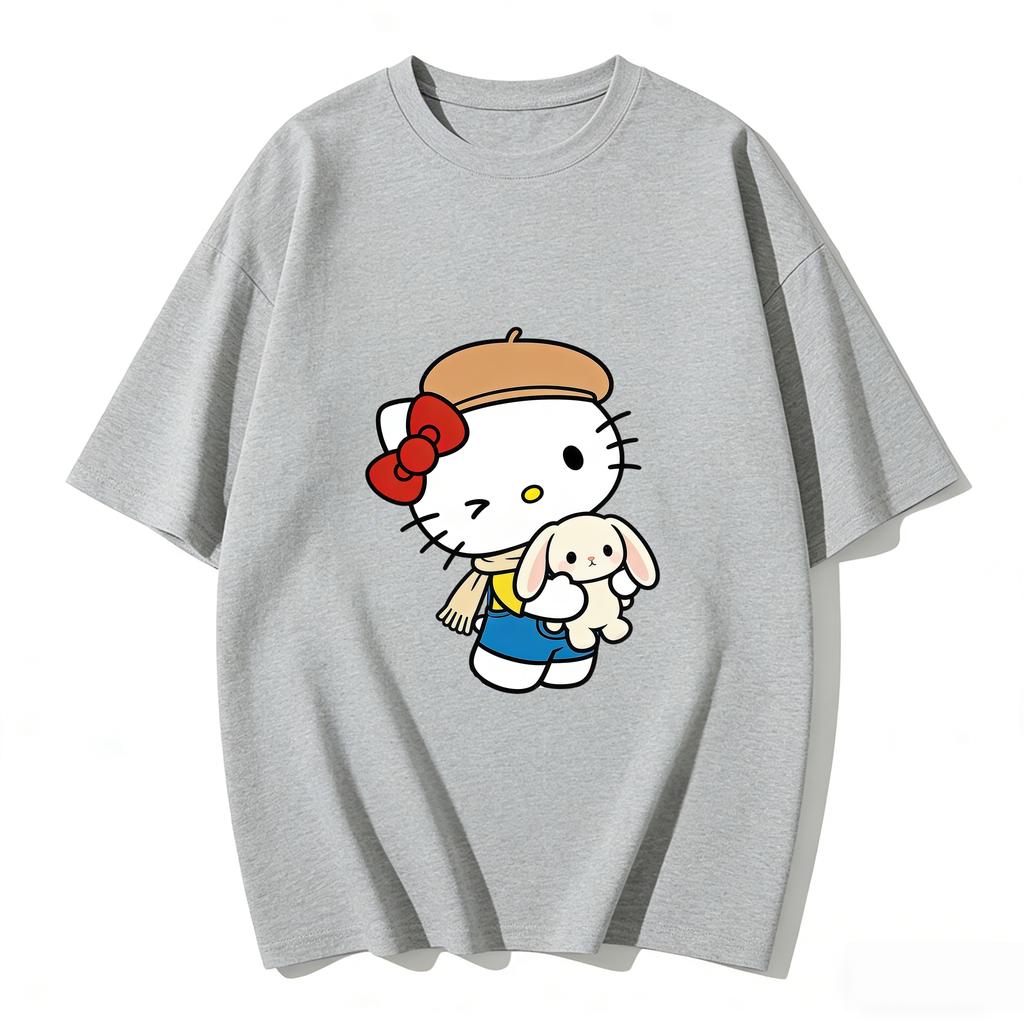 2026 Summer Hello Kitty Cartoon Printed Short Sleeve Pure Cotton Tshirts Womens Family Matching Outfits Harajuku Y2k Tops Tee