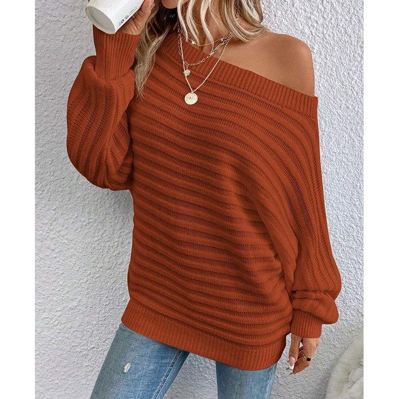 Women S Autumn Winter Solid Color Off Shoulder Batwing Sleeve Loose Knit Sweater