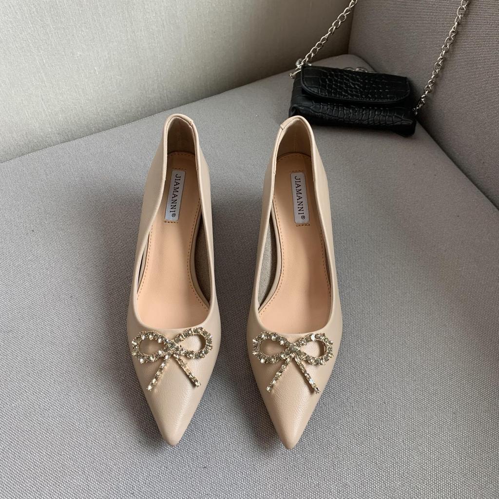 Fashion Crystal Bowtie Shoes Ladies Office Work Chunky High Heels Bridesmaid Wedding Pumps Woman Wedges Pointy Toe Mary Jeans Mujer