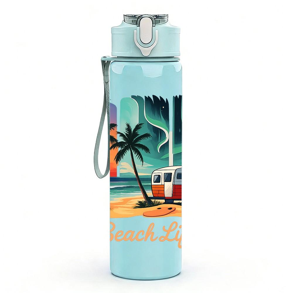 1PC Beach Life Tropical Coast Poster 750ml Color Plastic Sports Water Bottle Leakproof Flip Straw Lid Suitable for Sports Office Home Use