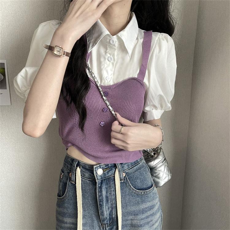 Retro Style Fake Two-piece Contrasting Small Shirt with Bubble Sleeves Spliced Knit Vest Shirt Women's Summer Polo Collar Top