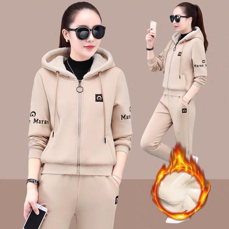 Плюс бархатный толстый свитер костюм женский осень и зима плюс бархат толстый теплый модный большой размер досуг спортивный костюм из двух частей