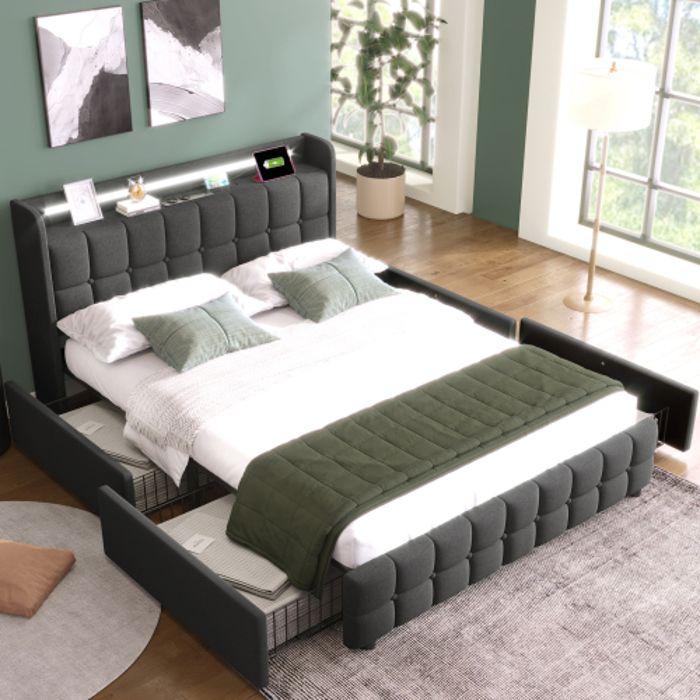 Lit - MUVOE - 140x200 cm - Rembourré avec USB - Éclairage LED - 4 tiroirs de rangement