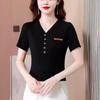 Large Size Short-sleeved T-shirt Women's Summer 2025 New Fashion V-neck Slim-fit Striped Shirt Temperament Top