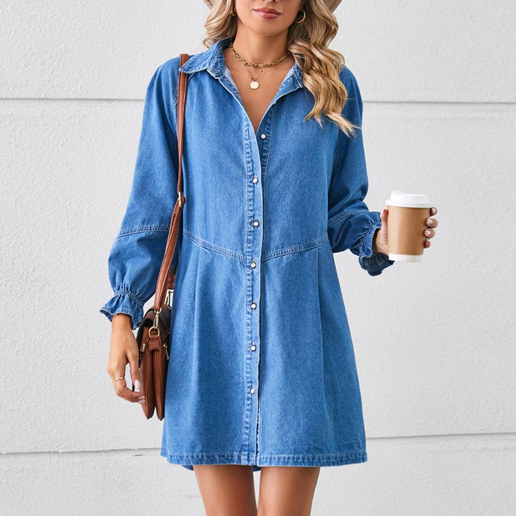 Women's Loose Washed Long Sleeved Patchwork Denim Dress, Medium Length Skirt For Women