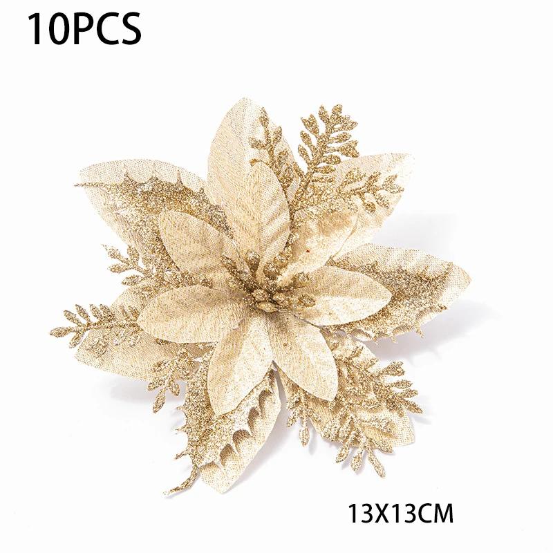 10 шт. Рождественский цветок, блестящий золотой порошок, блестки, украшение на рождественскую елку, праздничная вечеринка, домашний цветочный рождественский венок, домашний декор