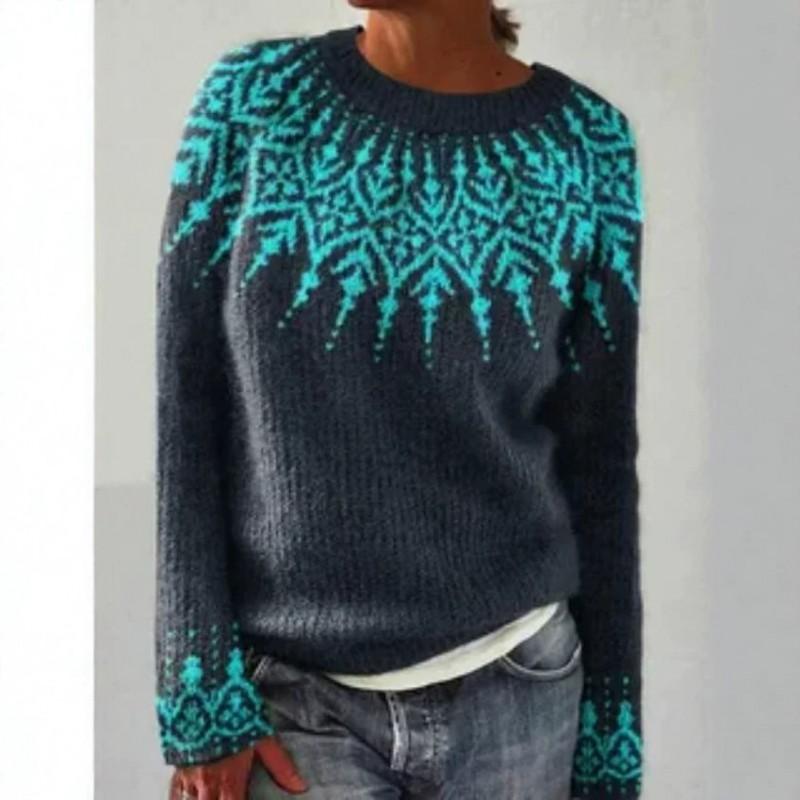 Womens Crew Neck Colorblock Knit Sweater Loose Fit Casual Office Wear Long Sleeve Pullover