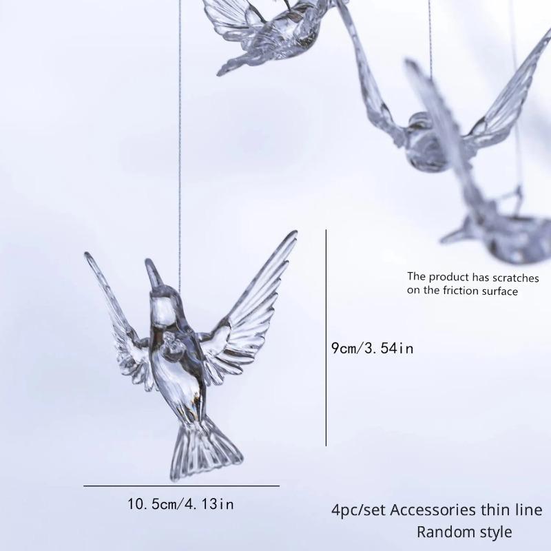 Набор из 4 подвесок в виде птиц из прозрачного акрила в случайном стиле для украшения дома, окон, улицы, сада, праздников и свадеб (Лента в комплекте)
