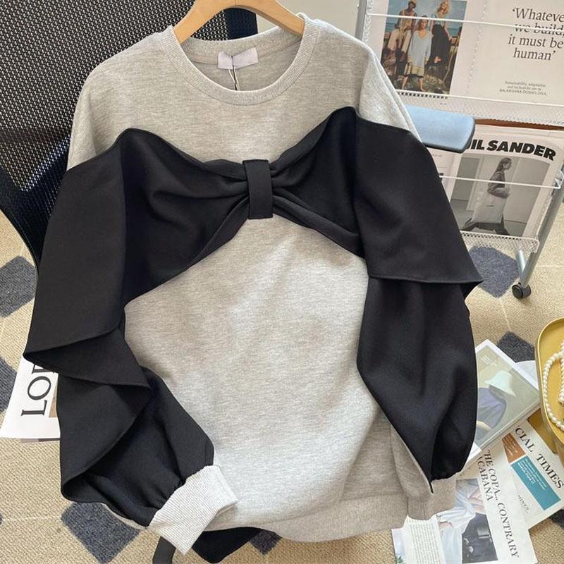 Spring Autumn Fashion Two Pieces Loose Large Spliced Bow Versatile Foreigner Round Neck Women's Long Sleeve Sweater