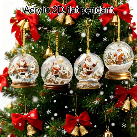 4Pcs Christmas Santa Glass Ball Ornament Winter Holiday Party Xmas Tree Hanging 2D Acrylic Santa Claus Snow House Ball Decoration