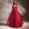 Red Shiny Tulle Evening Dress Women Strap Lace Up Backless Prom Dress A-Line Sleeveless Formal Party Gown