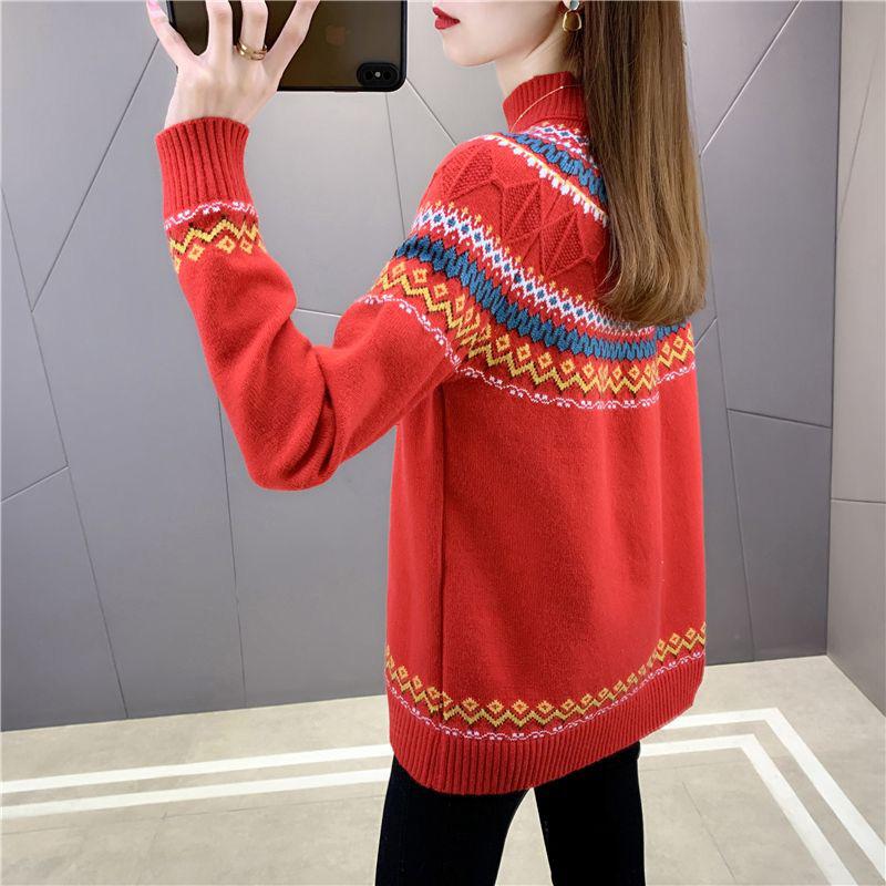 Свитер с высоким воротником, женский осенне-зимний комфорт и теплый принт внутри, повседневный универсальный эластичный пуловер, вязаный свитер, топы
