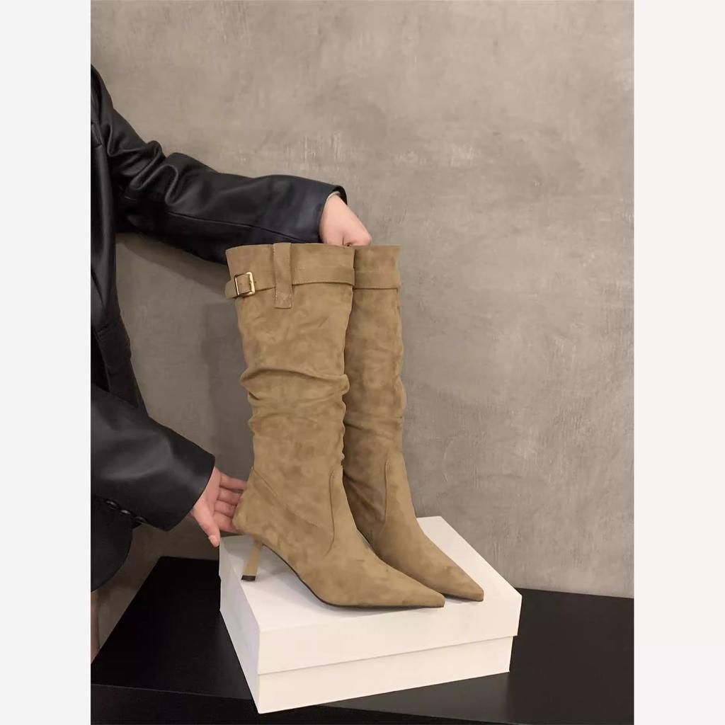 Pointed High Heel Khaki Skinny Boots Women's Shoes Summer Vintage Pile Boots Medium Barrel