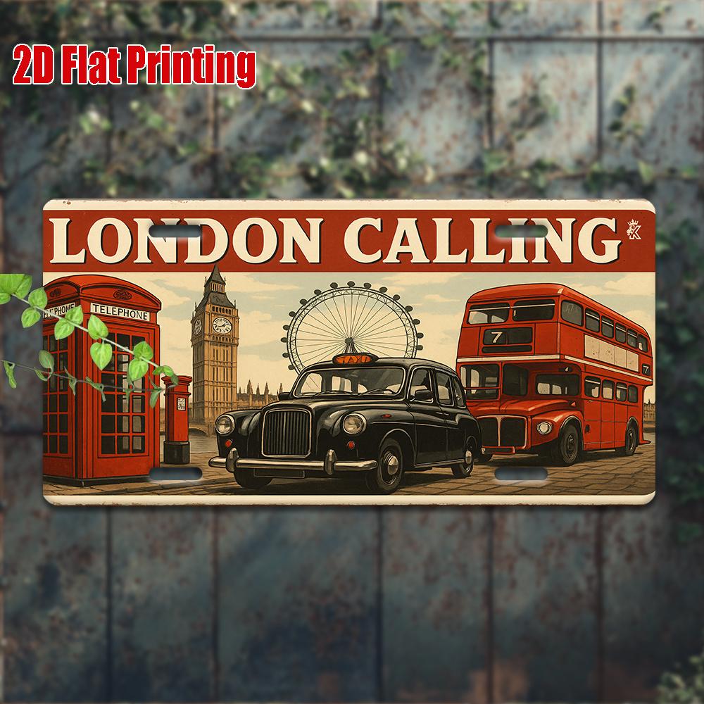 Металлическая лицензионная табличка London Calling - Ретро алюминиевое настенное искусство, Дизайн достопримечательности Лондона с красным двухэтажным автобусом и часами Биг Бен