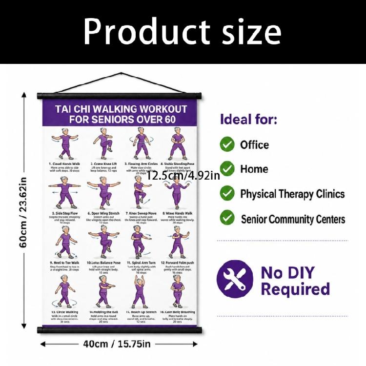 Home Exercise Wall Poster for Seniors Over 60, Taiji Walking Training Chart with 16 Move Layout for Daily Practices Instructional Wall Decors