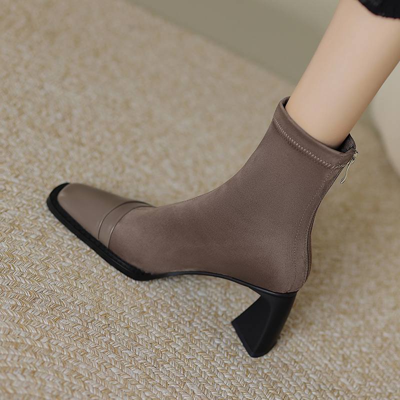 Krazing Pot Зимние эластичные ботинки из флоковой коровьей кожи с квадратным носком на толстом высоком каблуке и молнии, женские однотонные ботильоны