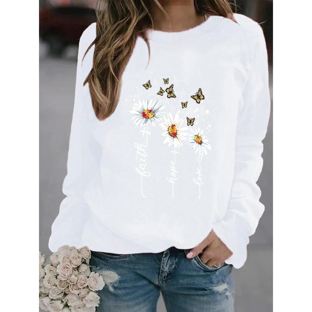 Зимние женские топы с принтом ромашки, женская Повседневная толстовка с круглым вырезом и длинными рукавами, блузка больших размеров