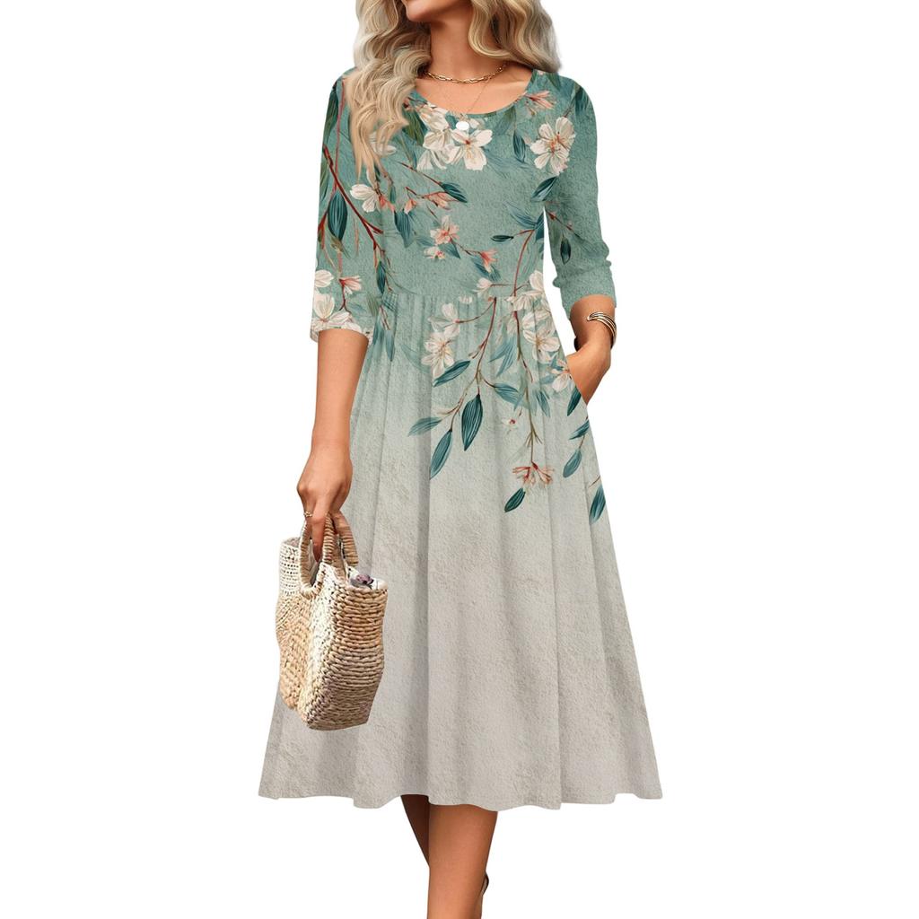 3/4 Sleeve Women's Dress Casual Flowy A-Line Midi Tshirt Dresses With Pockets Crewneck Vocation Boho Beach Sundress