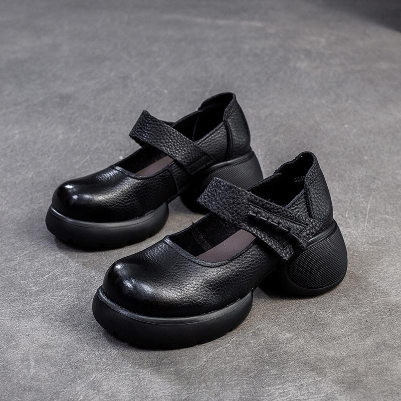 GKTINOO Retro Thick Soled Comfortable Pumps 2025 Autumn New Genuine Leather Round Toe Hook & Loop Women's Shoes