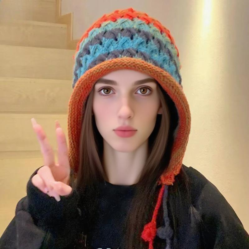 Женская осенне-зимняя национальная мода, чистая ручная работа, бахрома, дофаминовый плюш, разноцветный помпон, толстая ажурная шапка-пуловер с защитой ушей