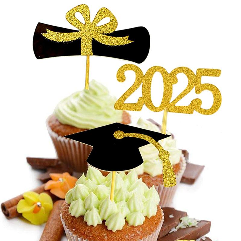 Топперы для кексов на выпускной 2025 года, 24 шт., шпажки для еды/закусок для выпускного вечера, украшения для мини-тортов, диплом, 2025, выпускная шапочка
