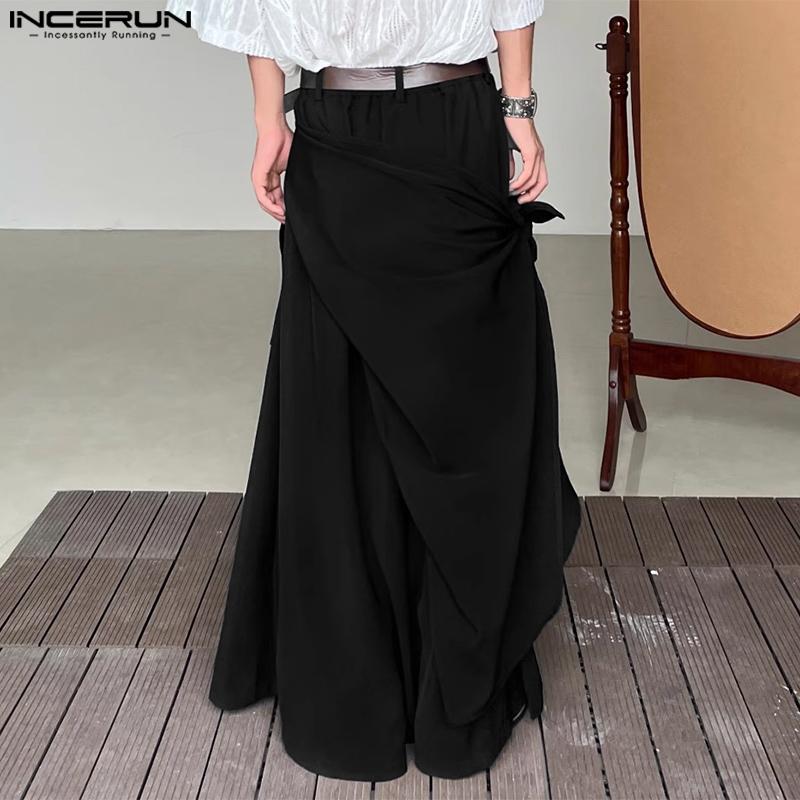 INCERUN Мужские повседневные однотонные брюки хакама с высокой талией нестандартной формы