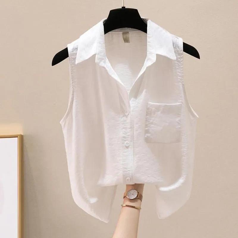 Женская рубашка без рукавов на пуговицах, повседневная свободная блузка с карманом