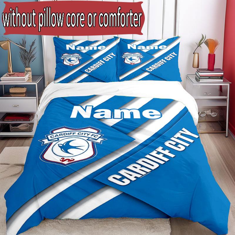 3pcs Duvet Cover Set (1*Duvet Cover + 2*Pillowcase, Without Core), Custom Name Cardiff City FC Pattern Bedding Set, Home Bedroom Decor Gift