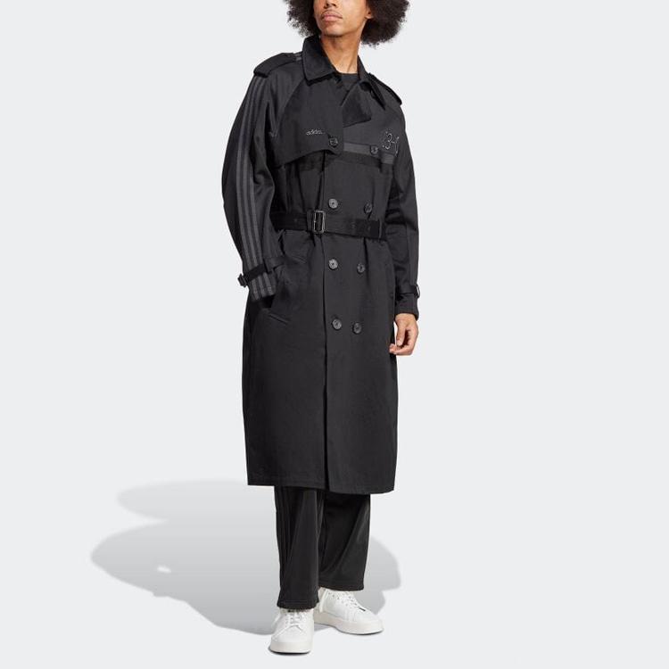 Adidas Originals Blue Version 83-C Двубортное длинное пальто с поясом Мужская верхняя одежда Черный IA2465