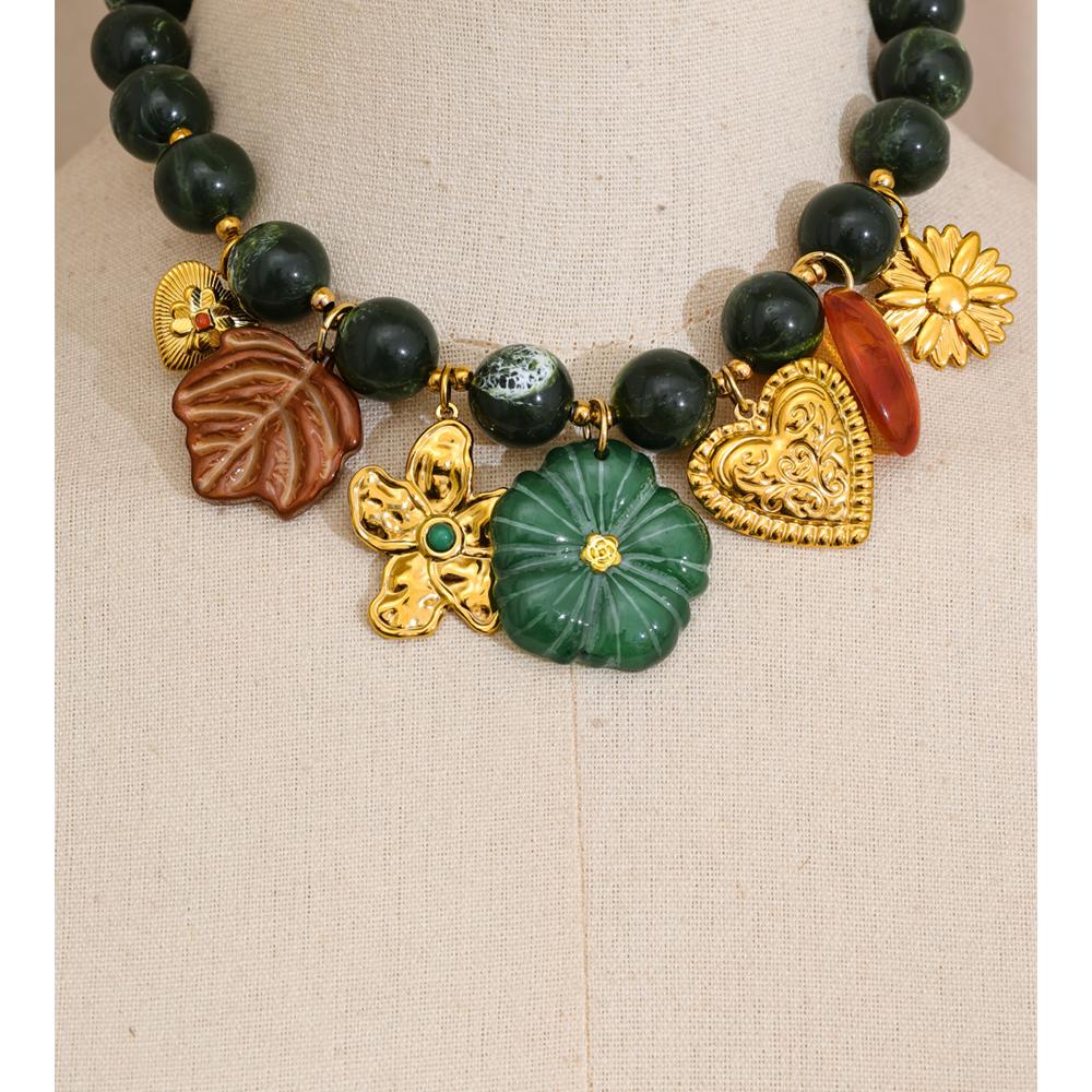 Eetit Цепочка из нержавеющей стали с зелеными акриловыми бусинами, Ювелирные изделия ручной работы, Подвеска-шарм в виде листа, цветка, сердца, Капля, Новинки 2025, Популярные