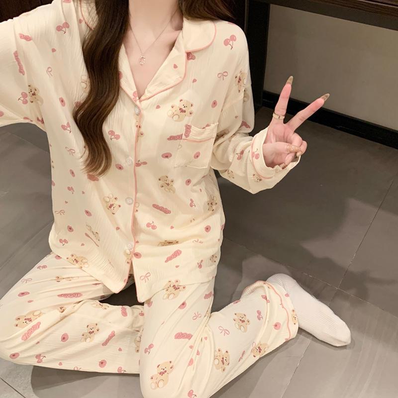 Milky Pink Cherry Bear Women's Cute Long Sleeve Pajama Set for Spring