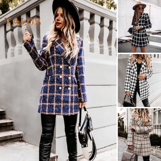 Зимнее осеннее женское пальто с отложным воротником, клетчатый принт, двубортное, с длинными рукавами, плотная куртка средней длины для свиданий, поездок на работу, офиса