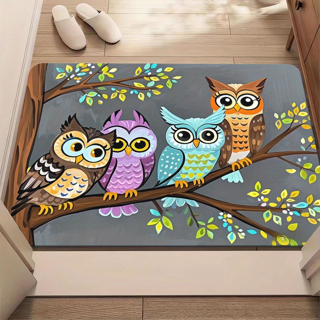 Colorful Owl Printed Welcome Door Mat Non-Slip Absorbent Machine Washable Rug for Bedroom Living Room Entrance Yoga Floor Mat