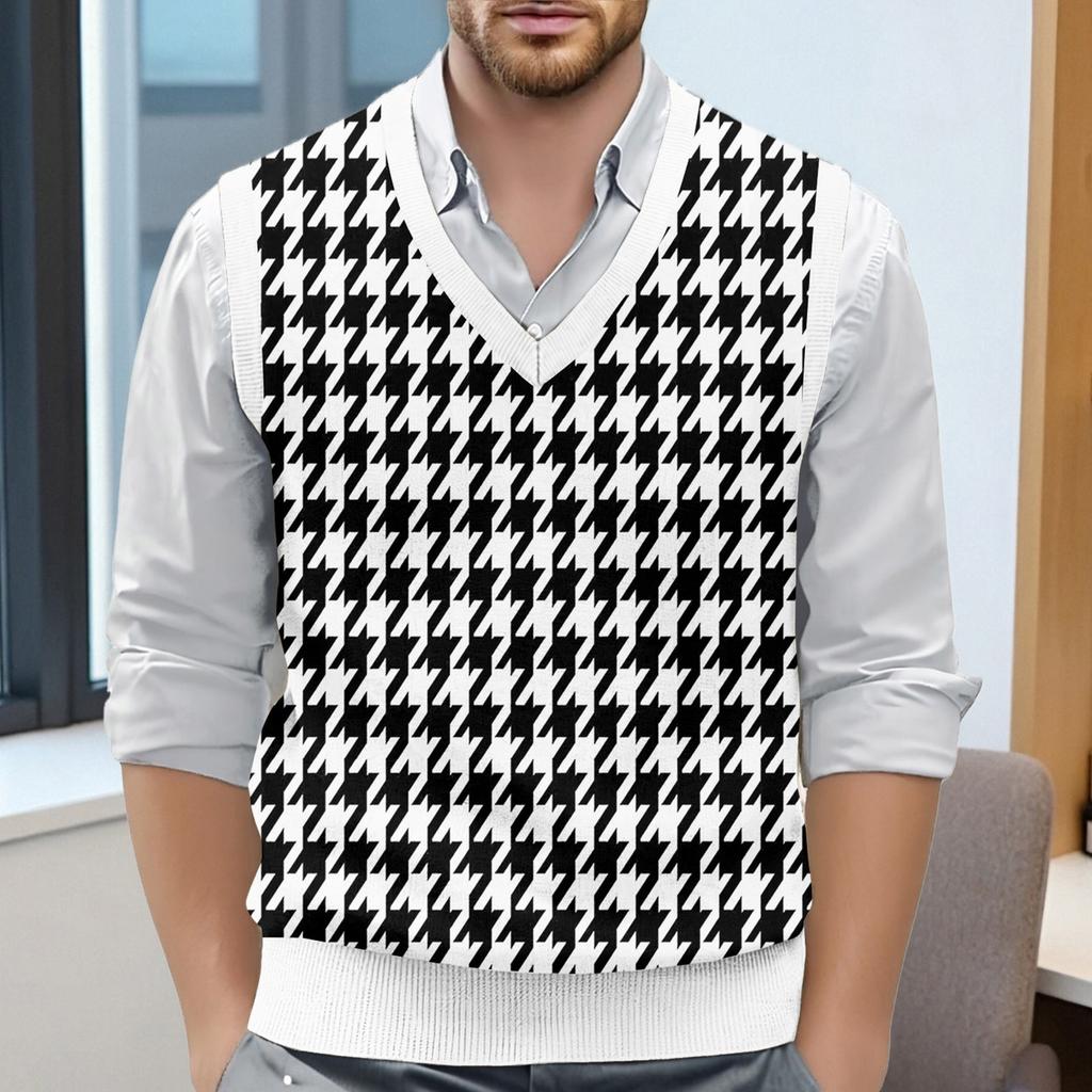 Мужской жилет без рукавов с клетчатым принтом и V-образным вырезом, вязаный джемпер