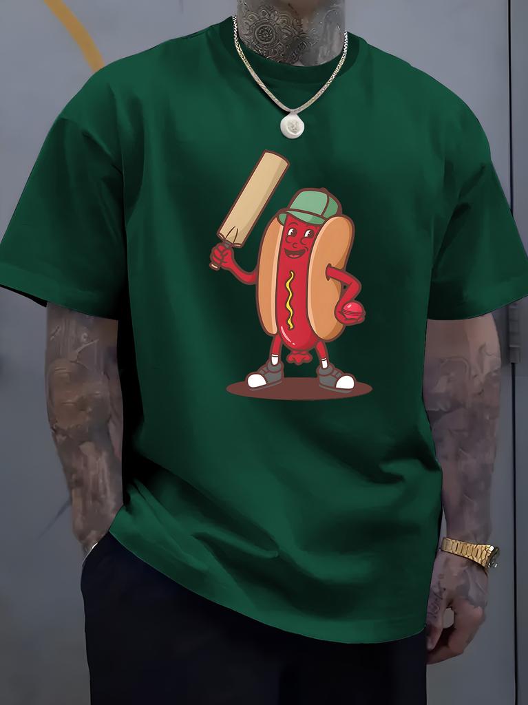 New Unisex Purple Crew Neck Tee Funny Cartoon Hot Dog Character Hold Cricket Bat and Ball Sport Food Hybrid Soft Cotton Male Tops