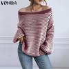 VONDA Женские осенние пуловеры и джемперы с открытыми плечами, длинными рукавами и полосатым узором